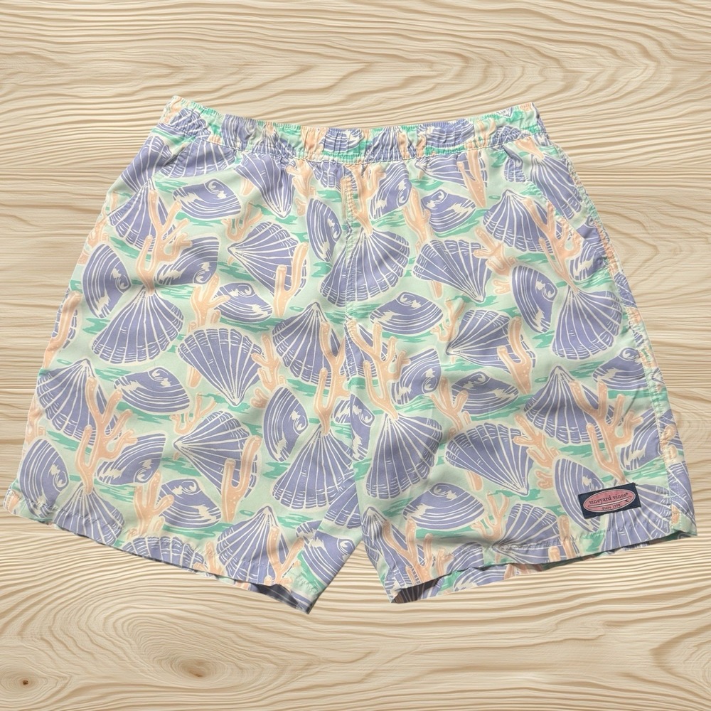 Vineyard Vines Swim Trunks Mens Medium Blue Sea Shells Beach Lined‎ Drawstring